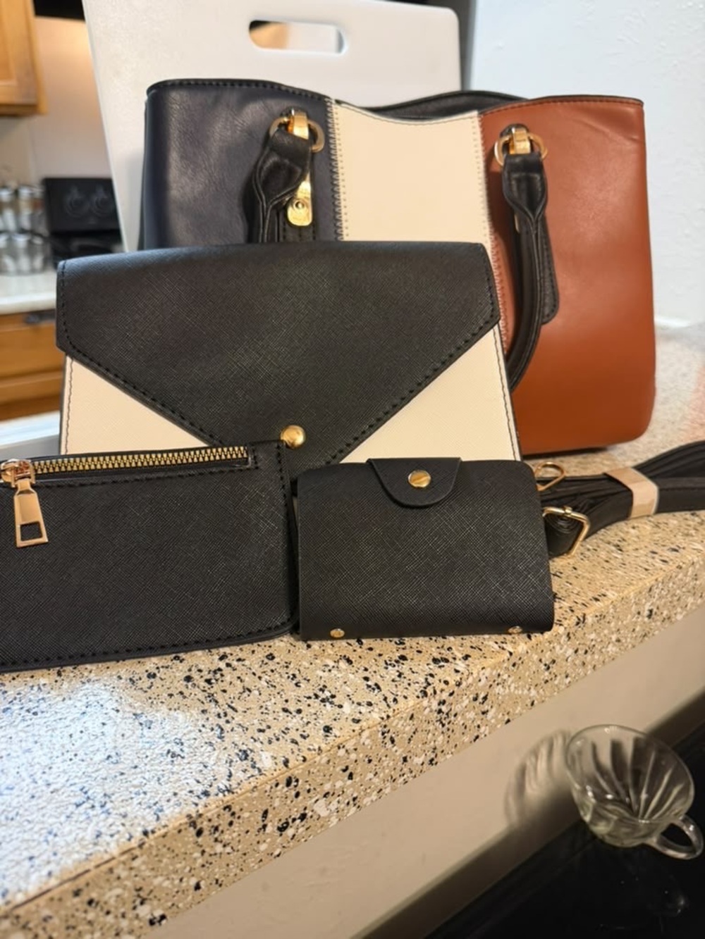 Tri-Tone Women's Shoulder Bag Set with Wallet - Black, Cream, Brown